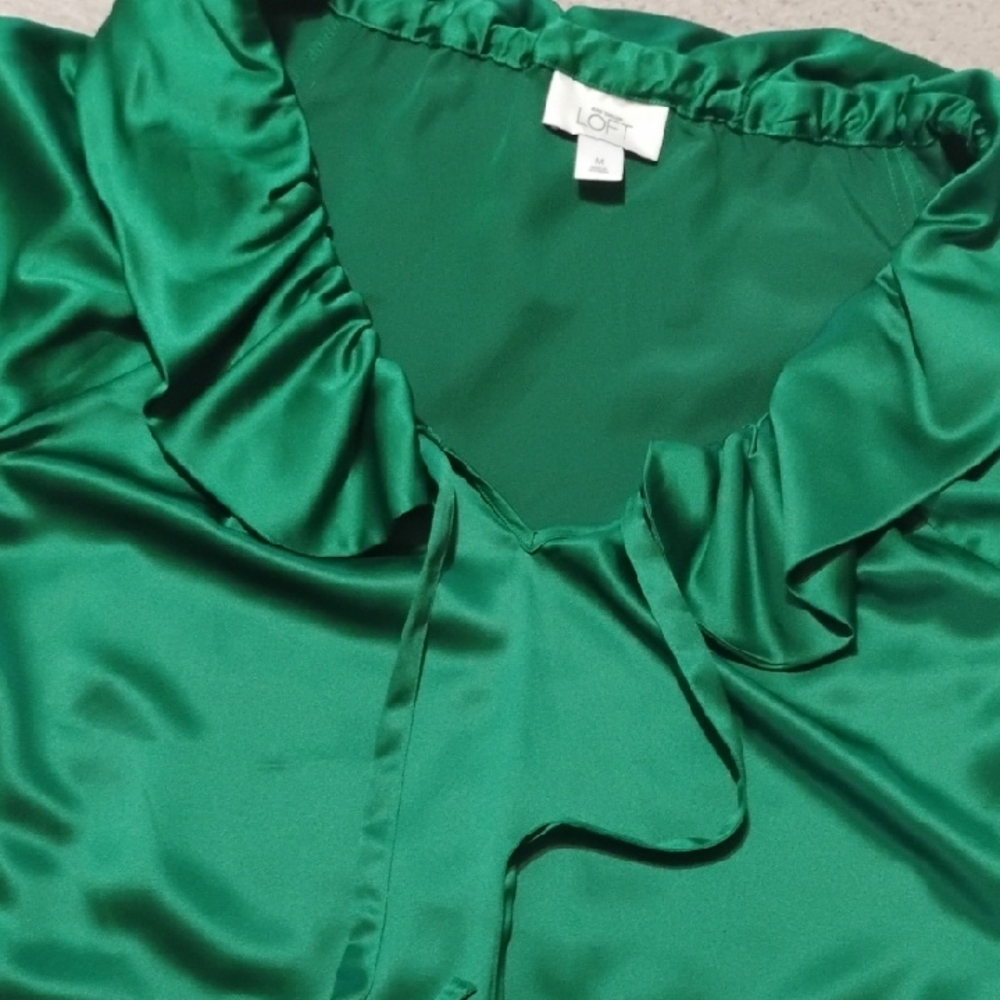 LOFT Emerald Satin Top with Ruffle Detail